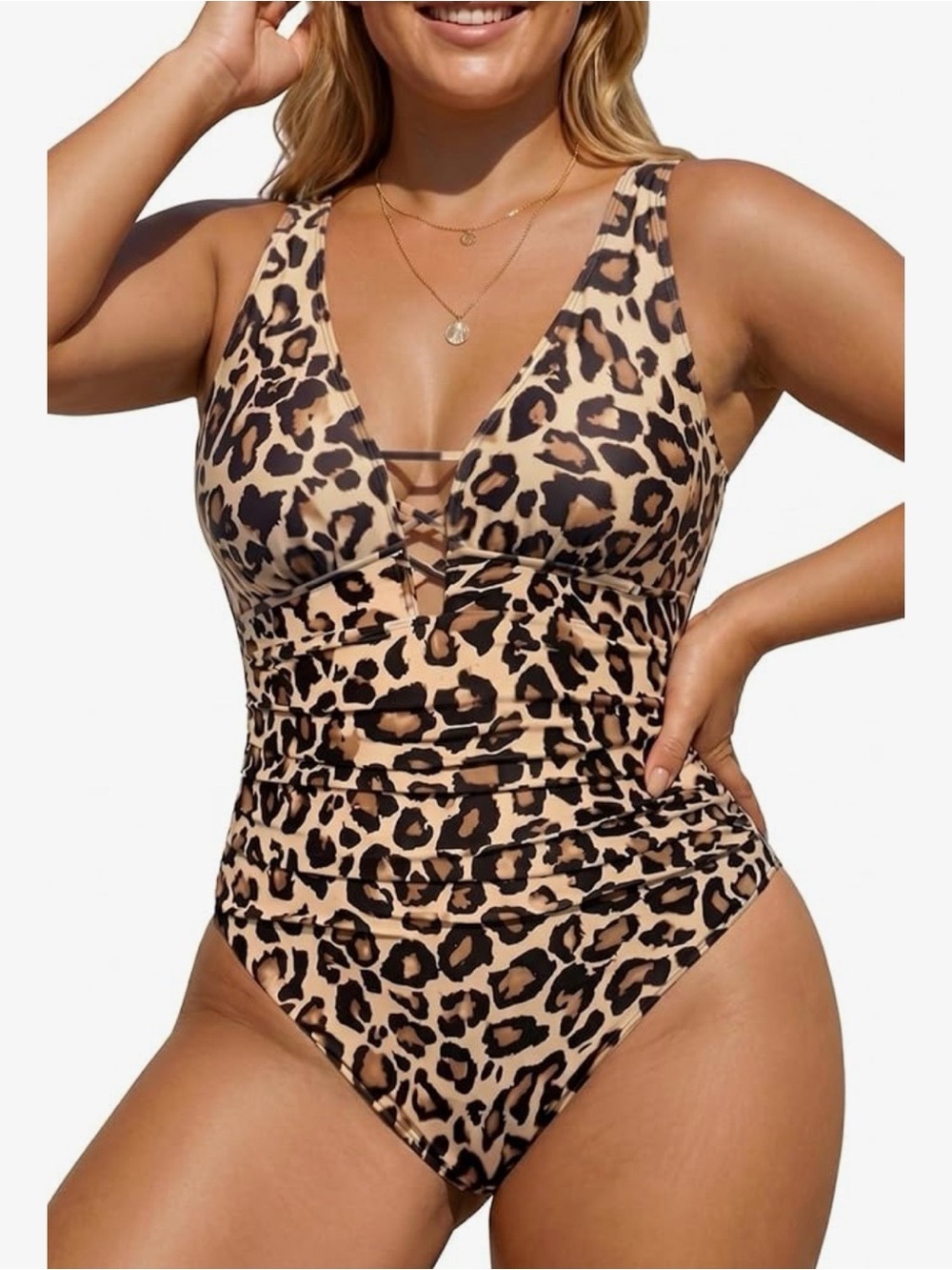 Women’s Plus Size One Piece Swimsuit Tummy Control Lace Up Plunge Leopard 20W